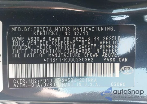 2013 Toyota Camry Le из США, поврежденный, VIN 4T1BF1FK9DU230362